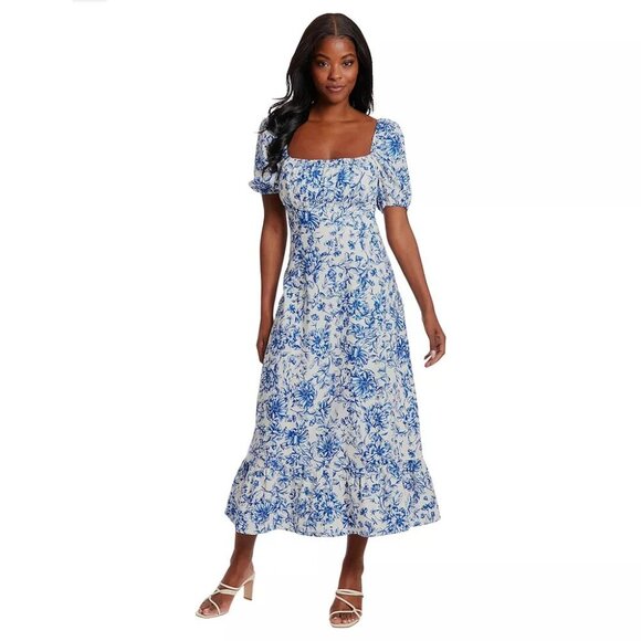London Times Floral Square-Neck Puff-Sleeve Midi Dress – Ivory/Navy Sz 10 - Picture 3 of 3